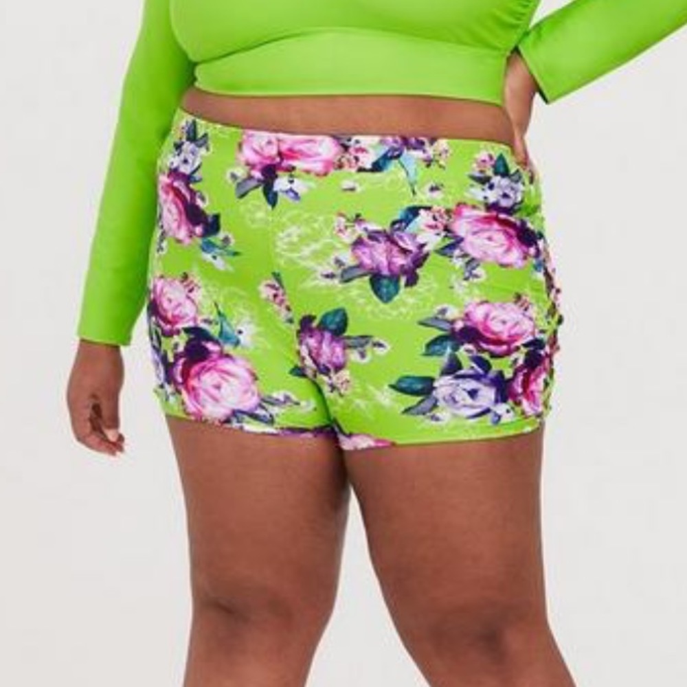 Neon Green Floral Lattice Side Swim Short